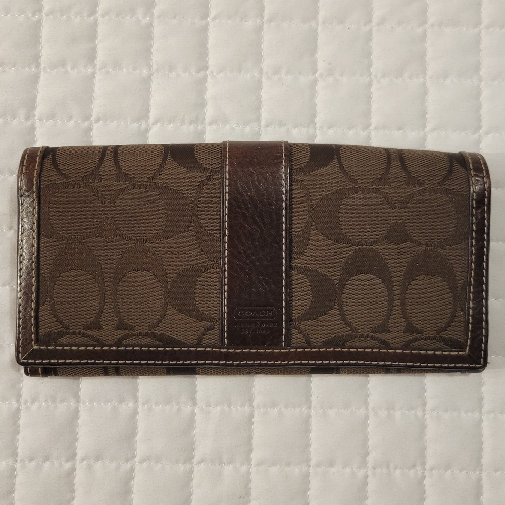 VTG Coach Chocolate Brown Signature C Jacquard Logo Canvas Leather Wallet Clutch